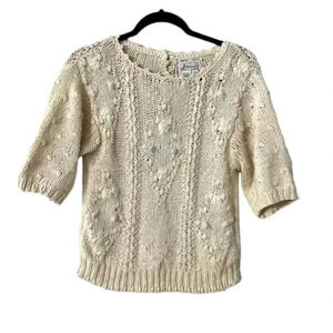 Windcrest Vintage Short Sleeve Hand Knit Silk Blend Cream Sweater Size S GUC